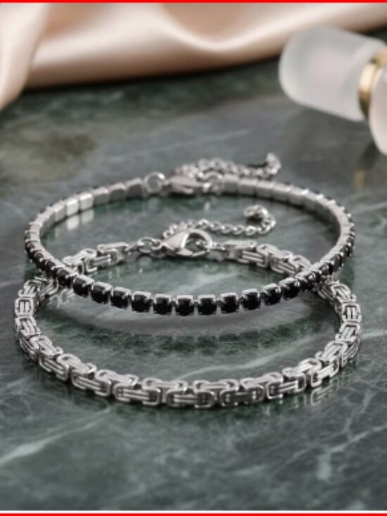 Jewelry - Simulated Black Diamond Set of 2 Tennis and Byzantine Bracelet in Stainless Stee